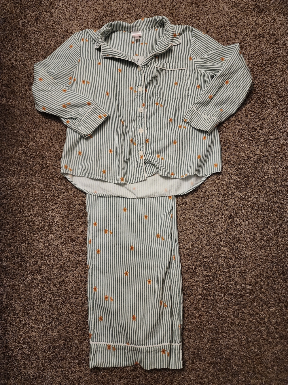 Wondershop Green-White Striped Button-Up Pajama Set with Gingerbread Men Motifs